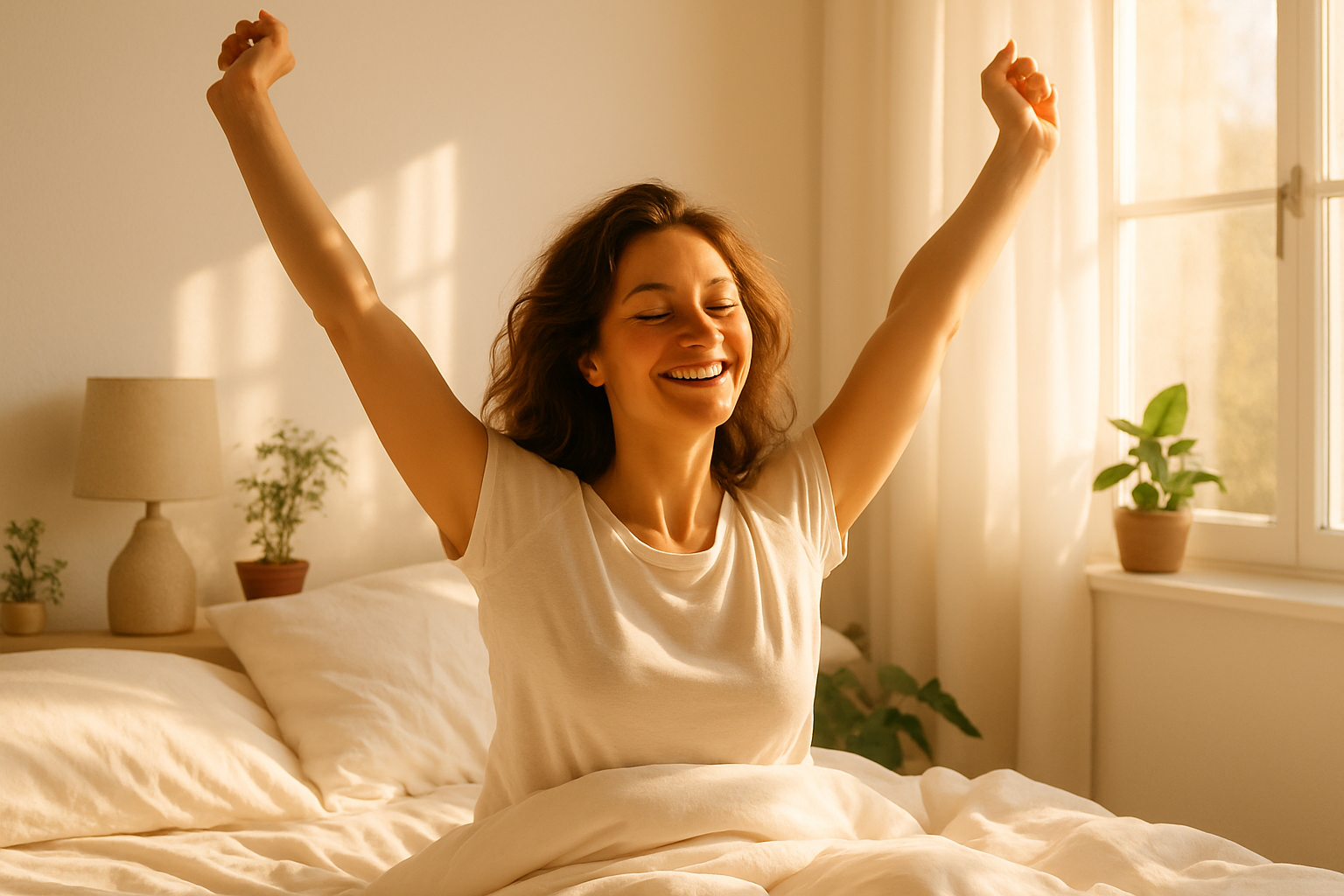 a beautiful woman waking up super refreshed and feeling great after a night out in bed 