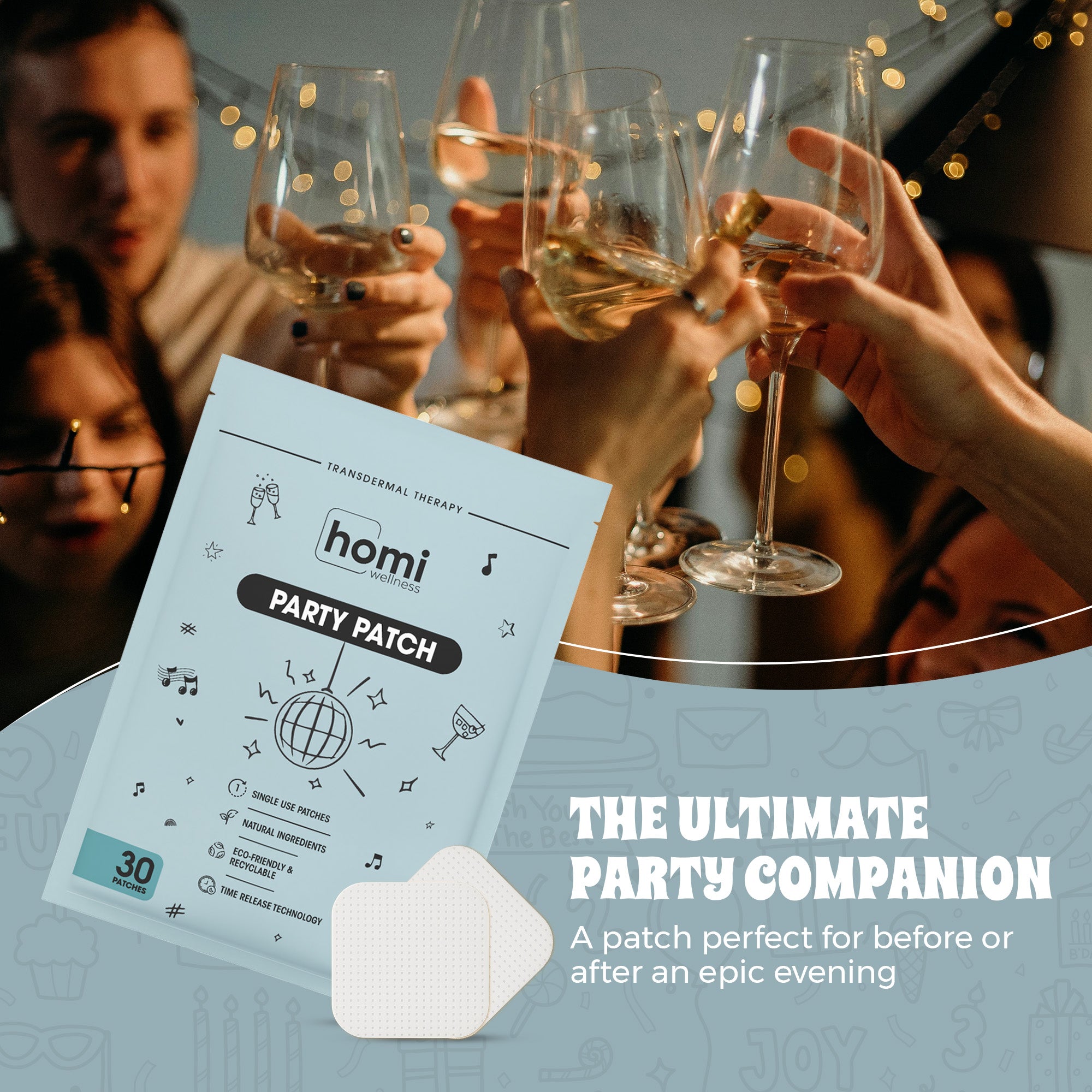 Homi Wellness Party Recovery Patches – Natural Hangover Recovery, 12-Hour Transdermal Support - 30 Patches