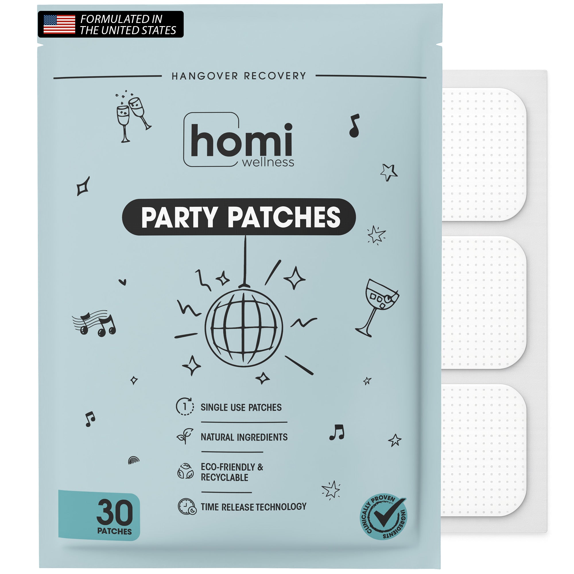 Homi Wellness Party Recovery Patches – Natural Hangover Recovery, 12-Hour Transdermal Support - 30 Patches