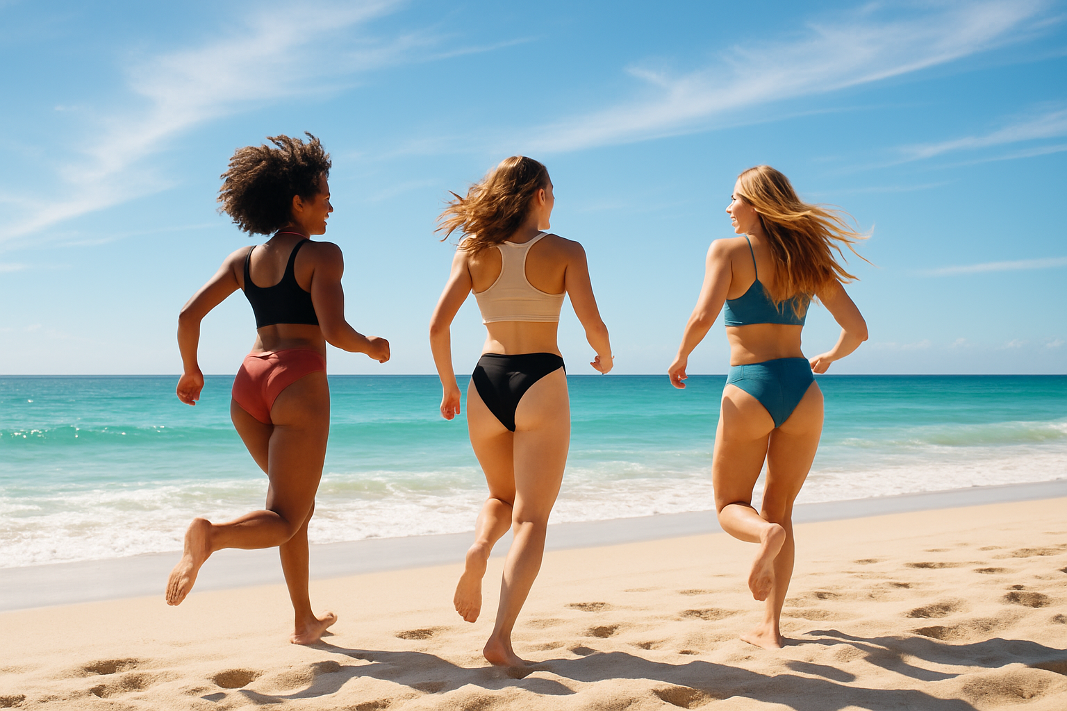 three beautiful women prospering, running on the beach towards the water on a hot sunny day